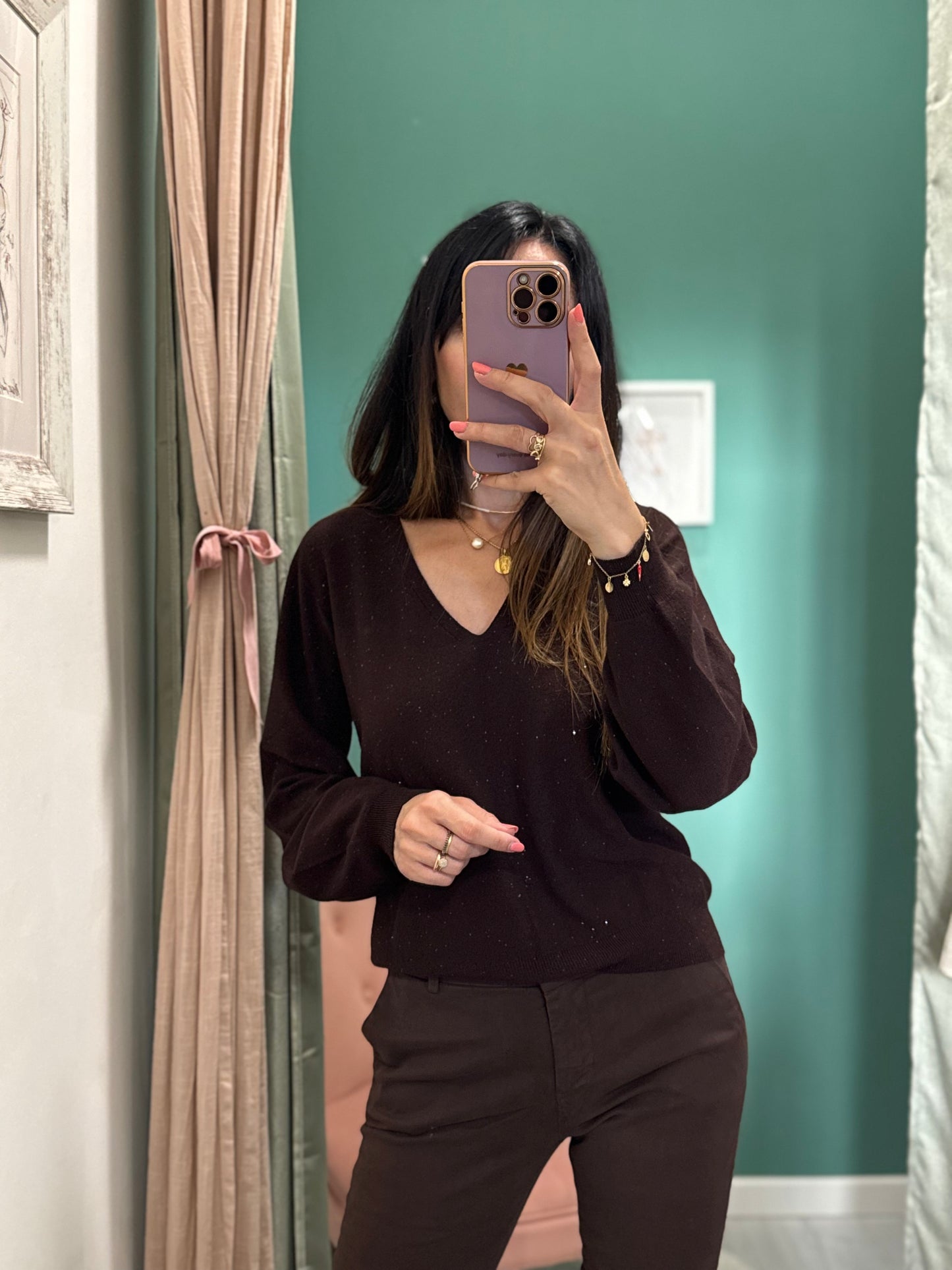 KONTATTO - Maglia scollo a V con micro paillettes