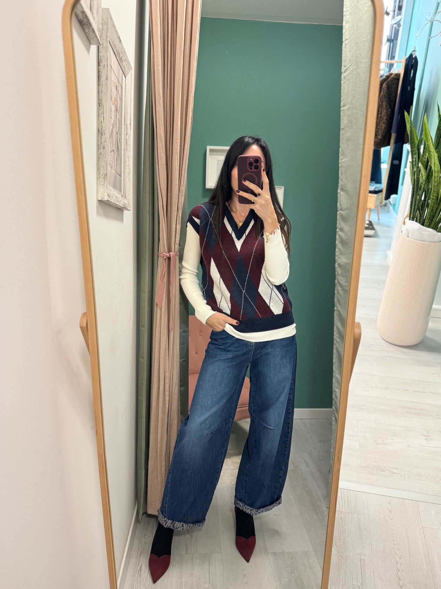 PLEASE - Gilet scollo a V a rombi