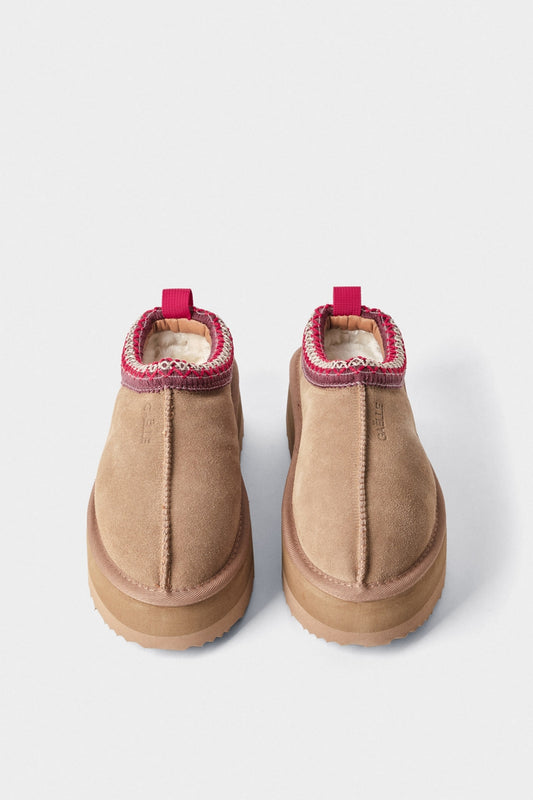 Gaelle -Eskimo Sabot Cammello In Pelle Con Pelliccia