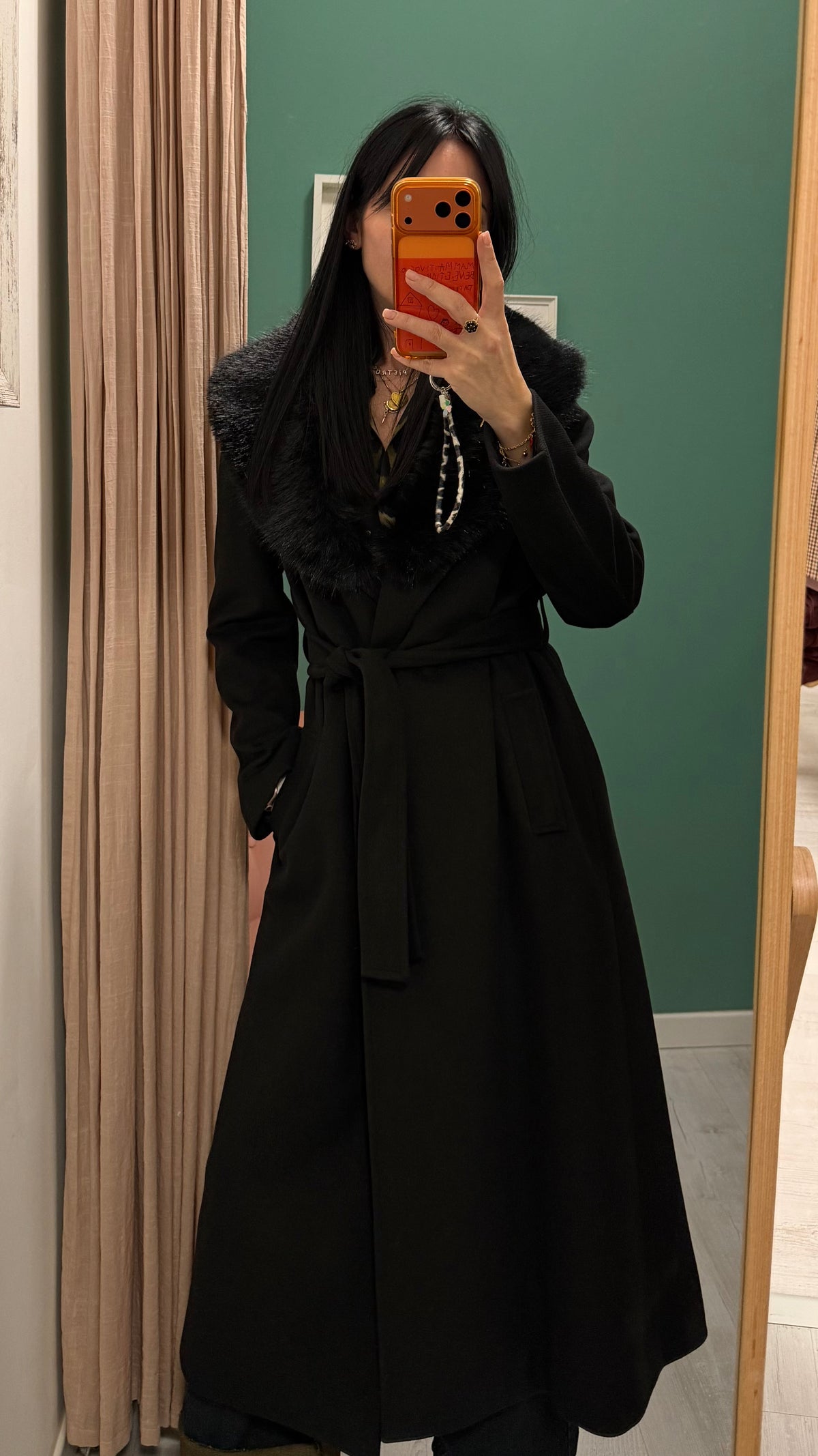 Relish - cappotto lungo con cintura e eco pelliccia removibile