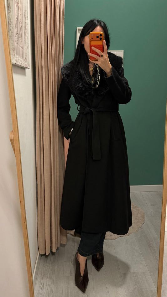 Relish - cappotto lungo con cintura e eco pelliccia removibile