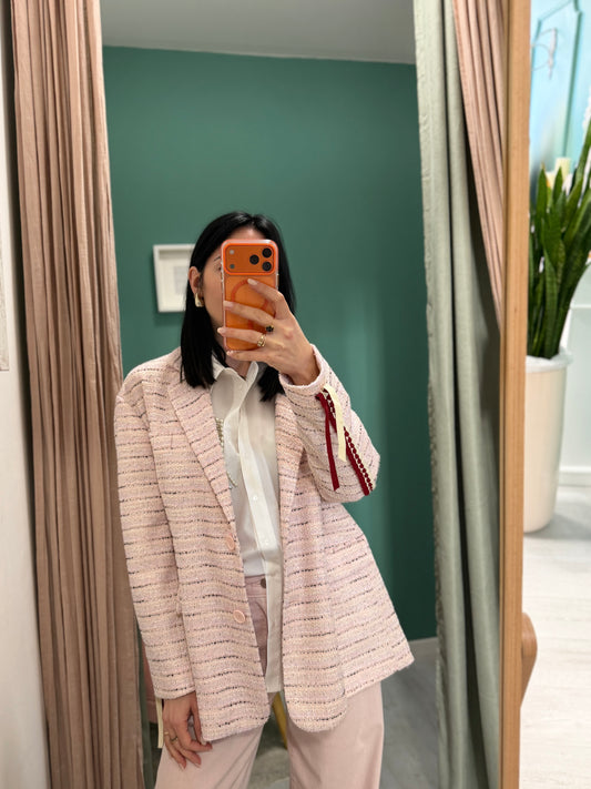 Dixie - giacca in tweed over size con dettaglio intreccio a contrasto sulla manica