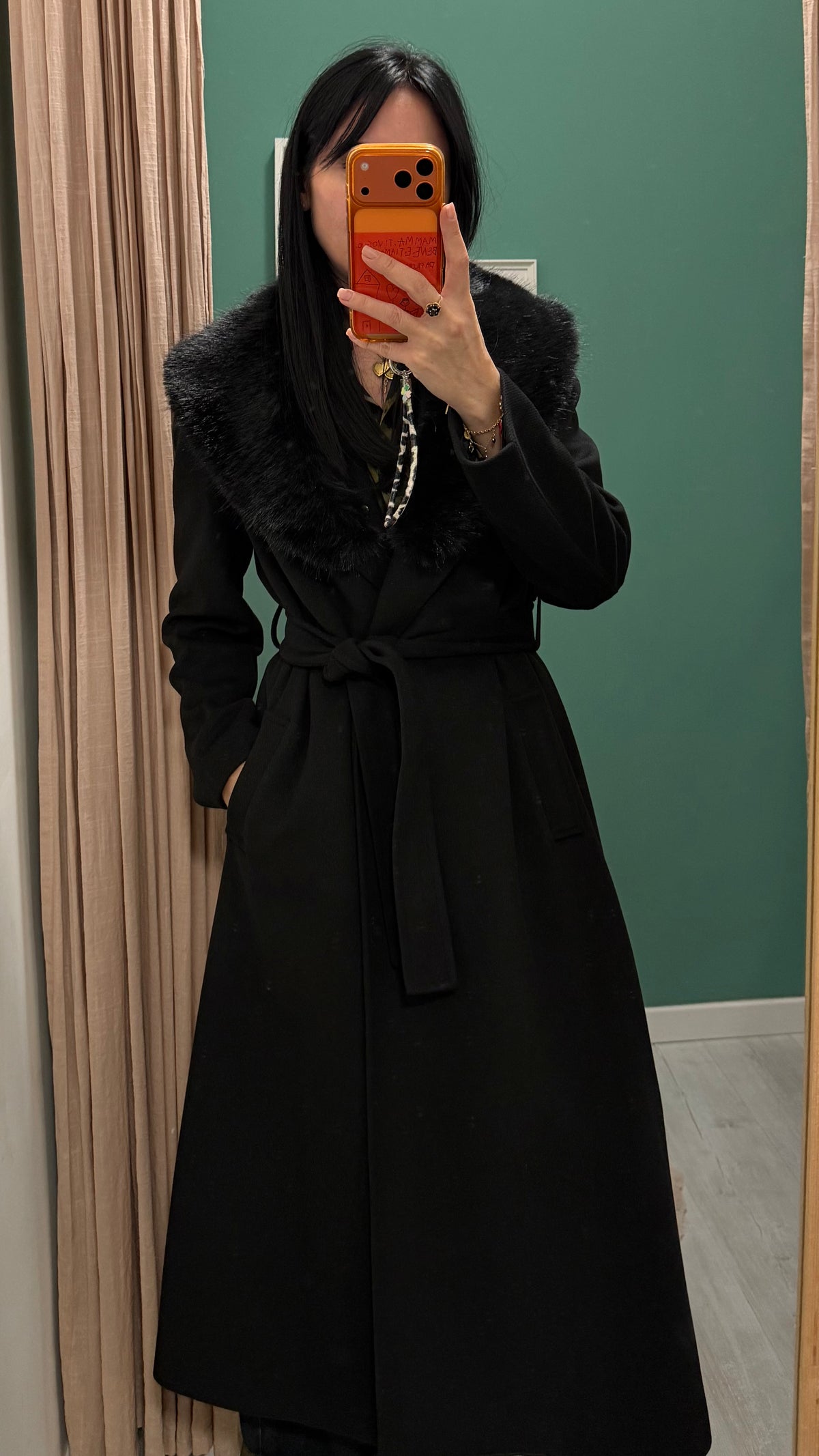 Relish - cappotto lungo con cintura e eco pelliccia removibile