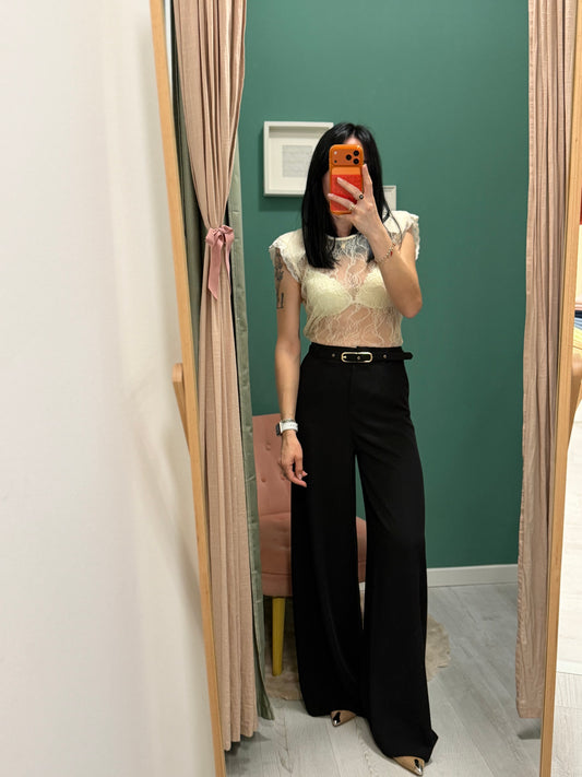 Please - blusa smanicata in pizzo con spalline imbottite