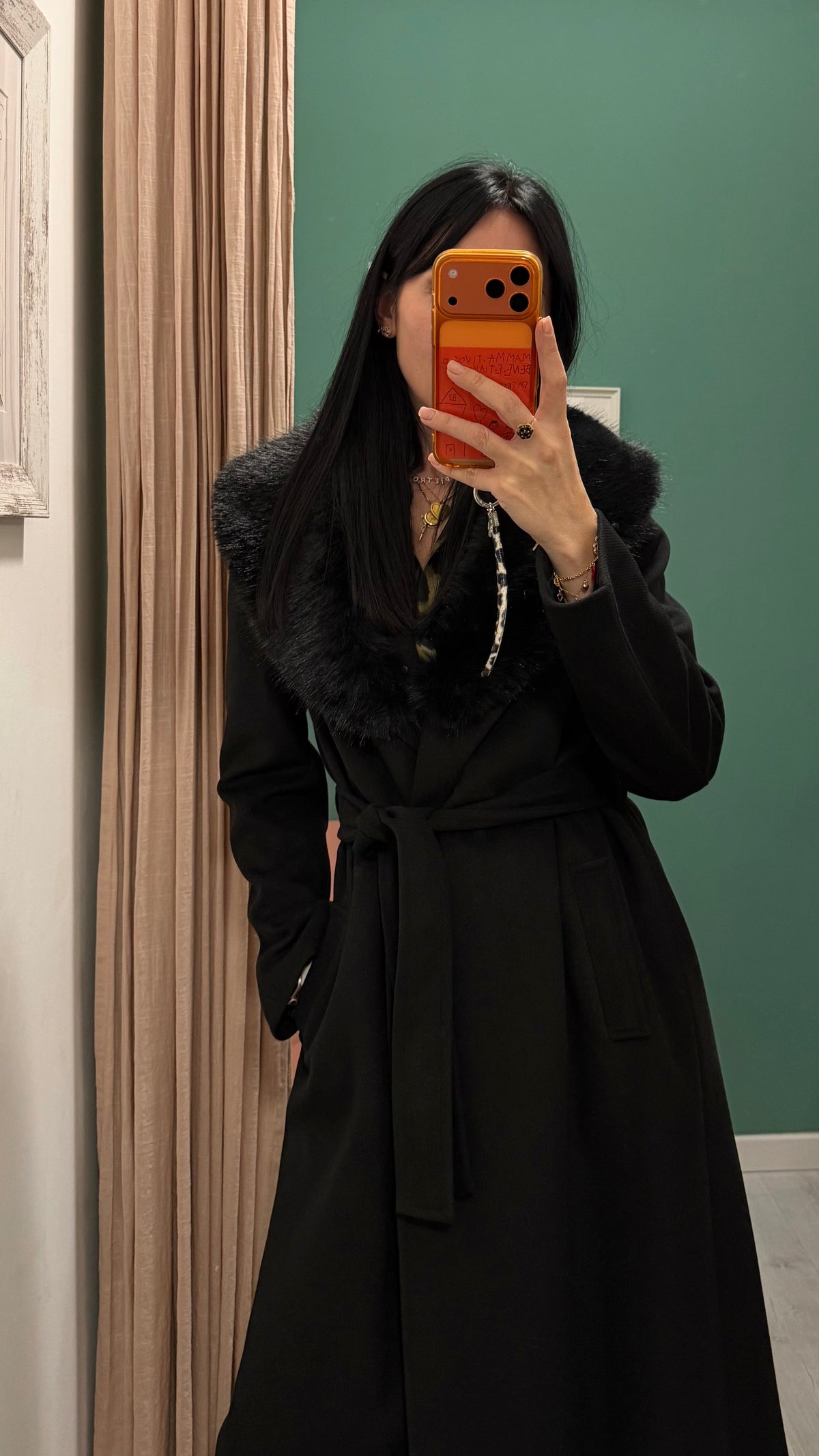 Relish - cappotto lungo con cintura e eco pelliccia removibile