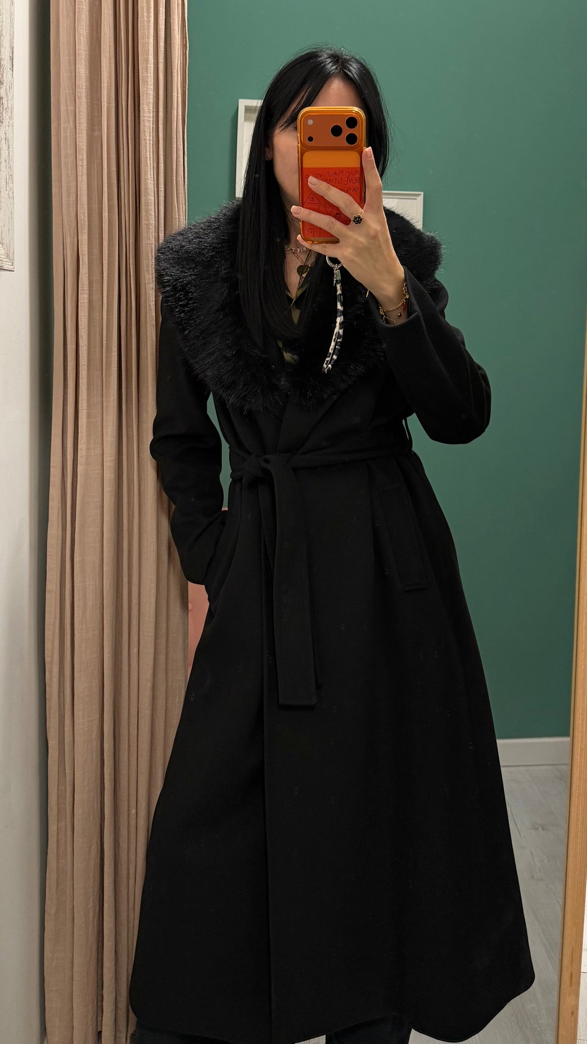 Relish - cappotto lungo con cintura e eco pelliccia removibile