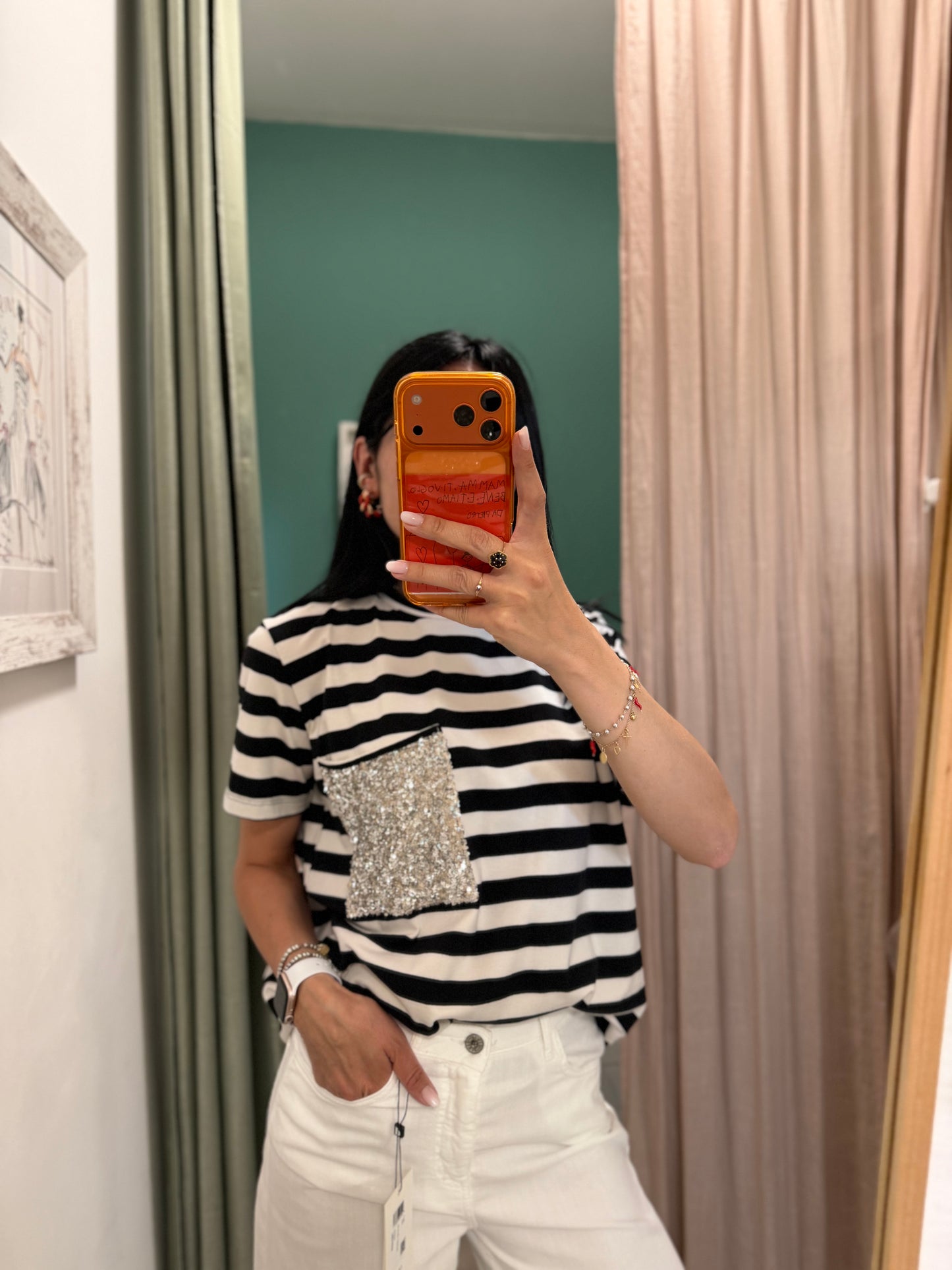 Dixie - t shirt a righe con tasca paillettes tg unica