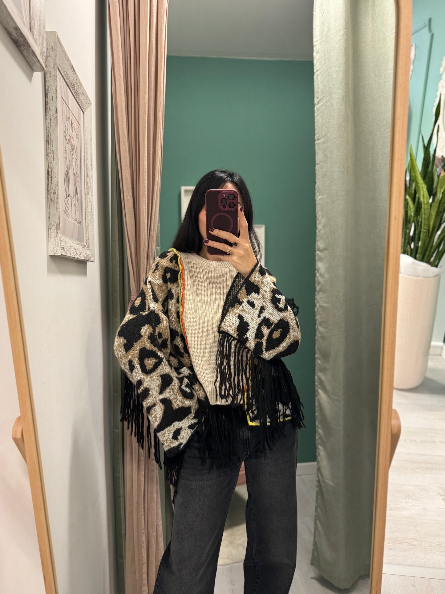 PLEASE - Maglione over in fantasia con frange