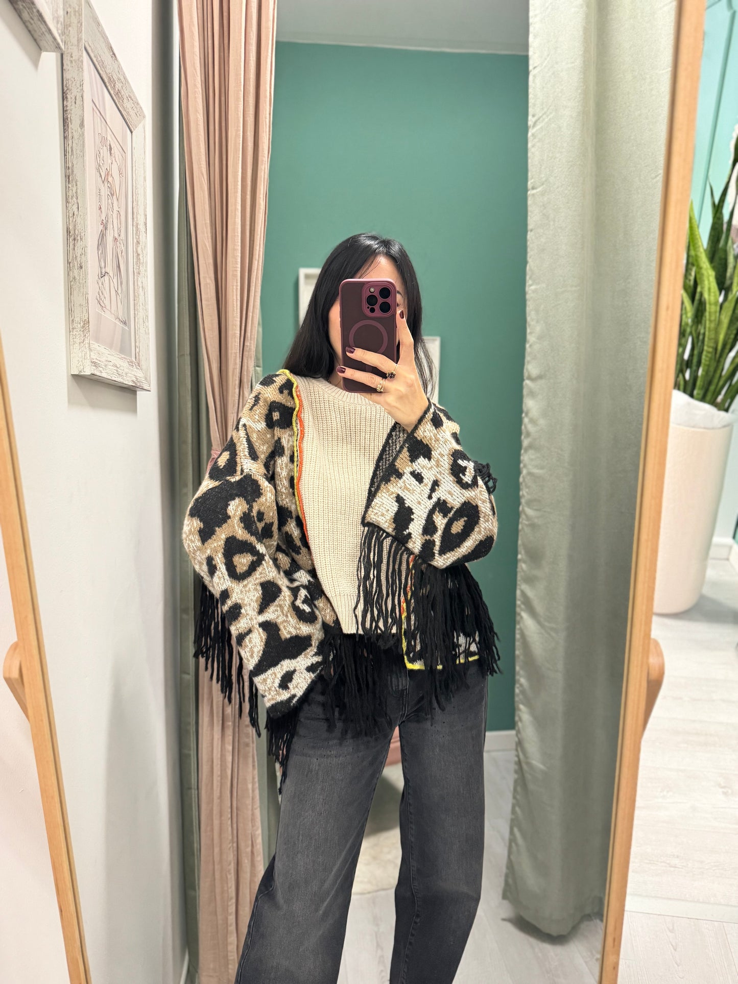 PLEASE - Maglione over in fantasia con frange