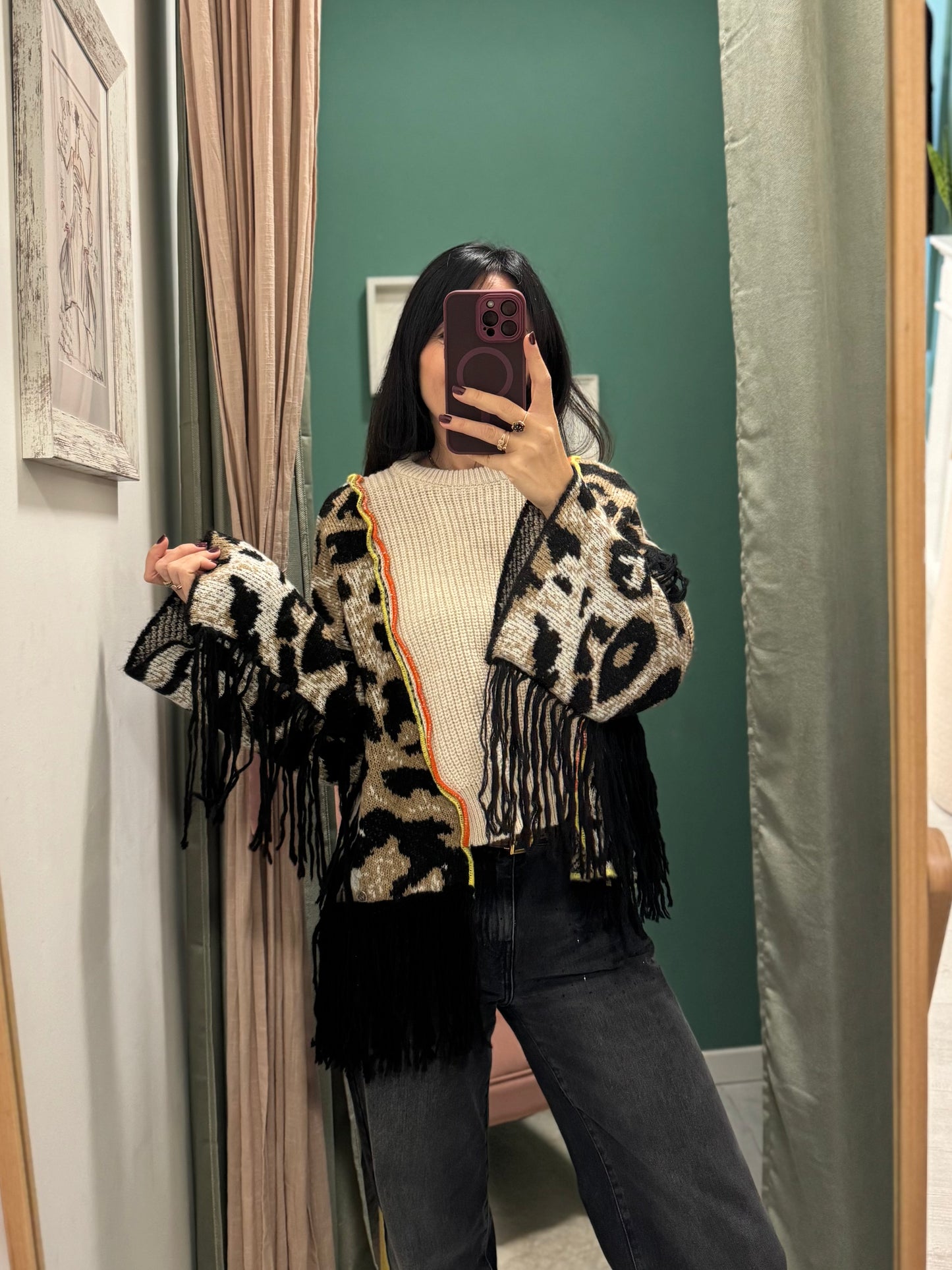 PLEASE - Maglione over in fantasia con frange