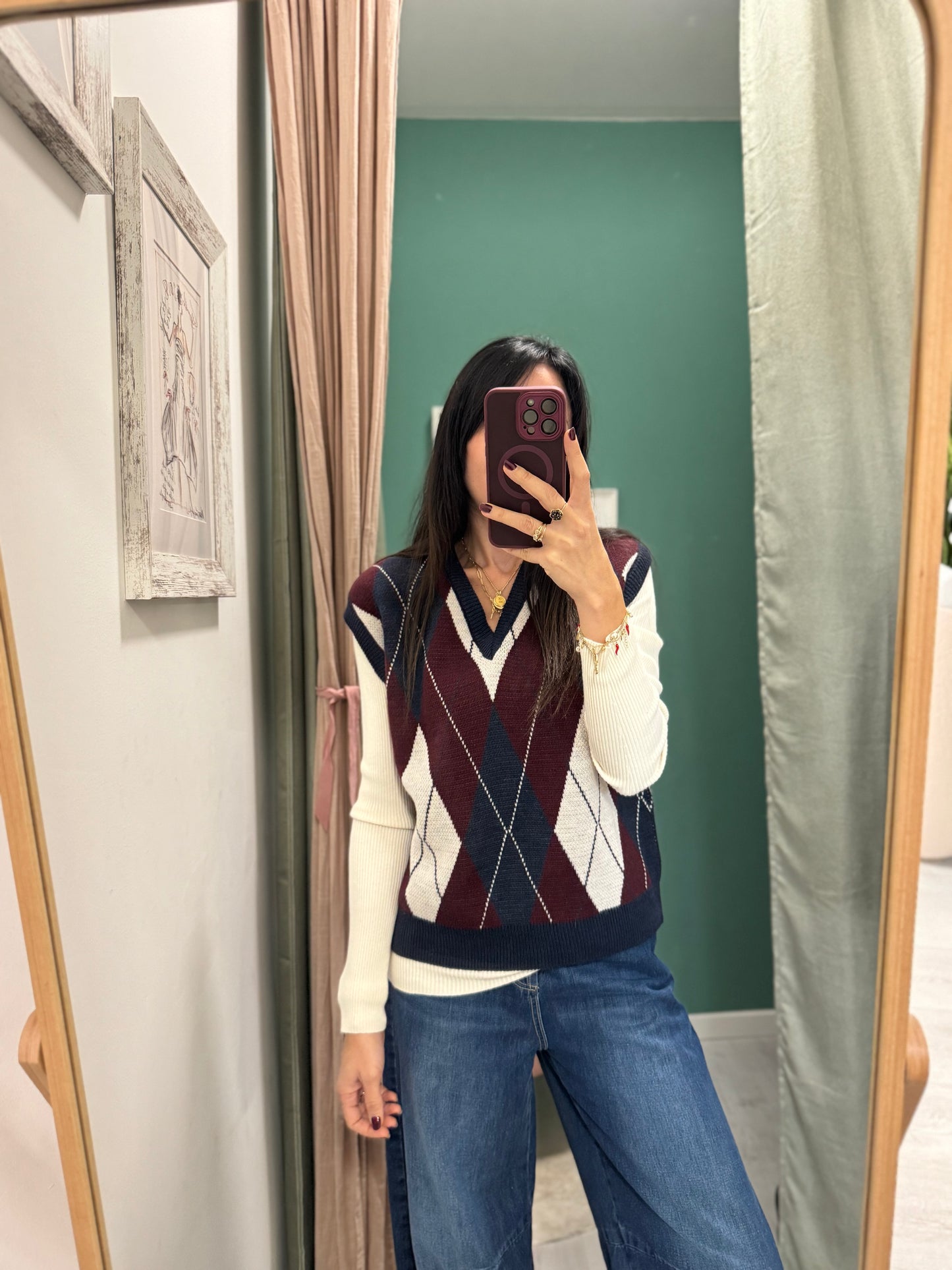 PLEASE - Gilet scollo a V a rombi