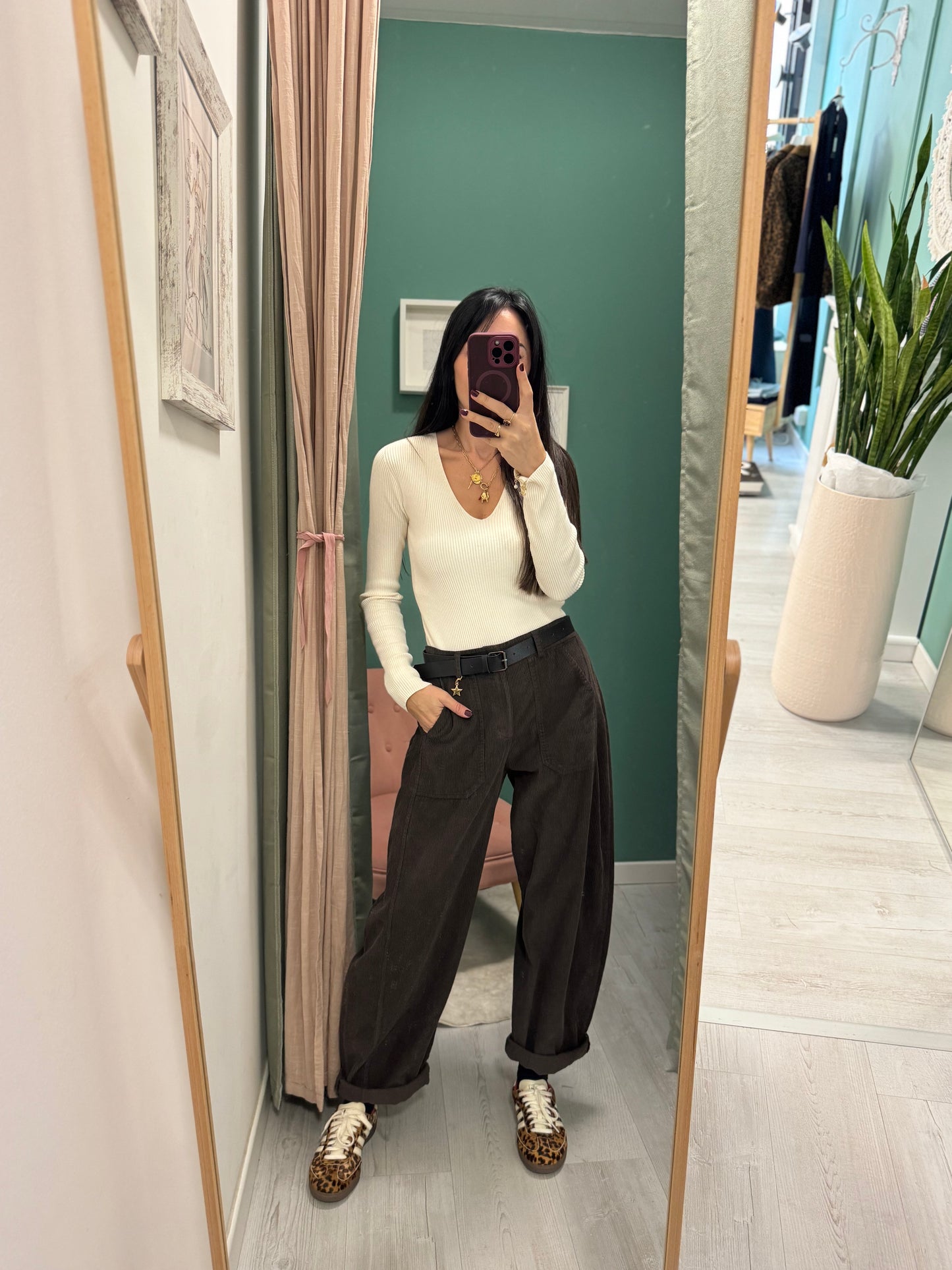 SUSY MIX - Pantalone in velluto con elastico dietro e cintura