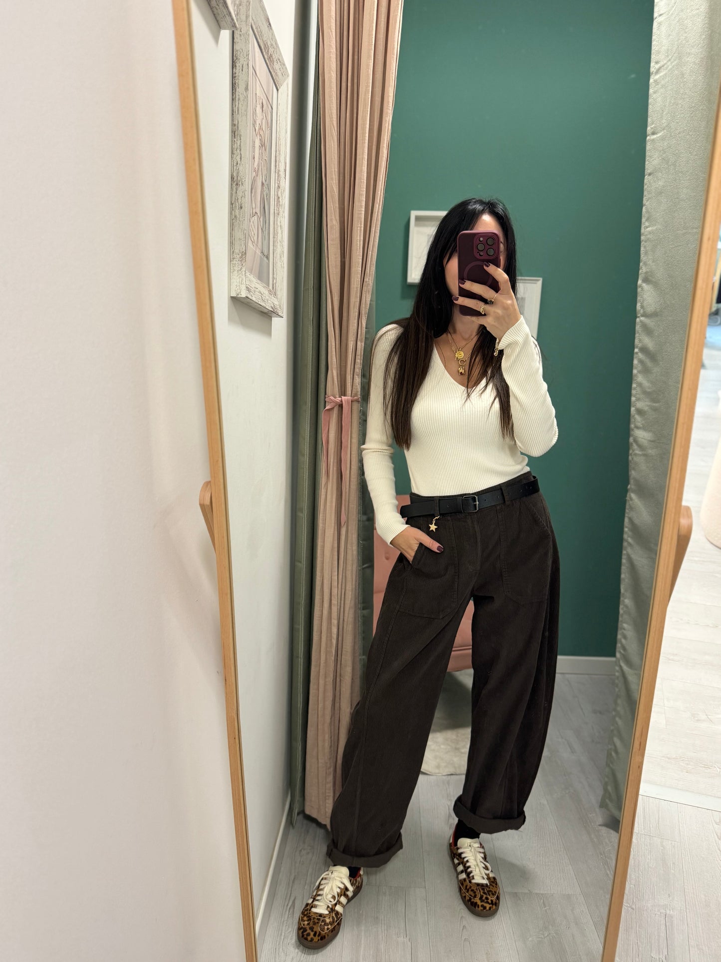 SUSY MIX - Pantalone in velluto con elastico dietro e cintura