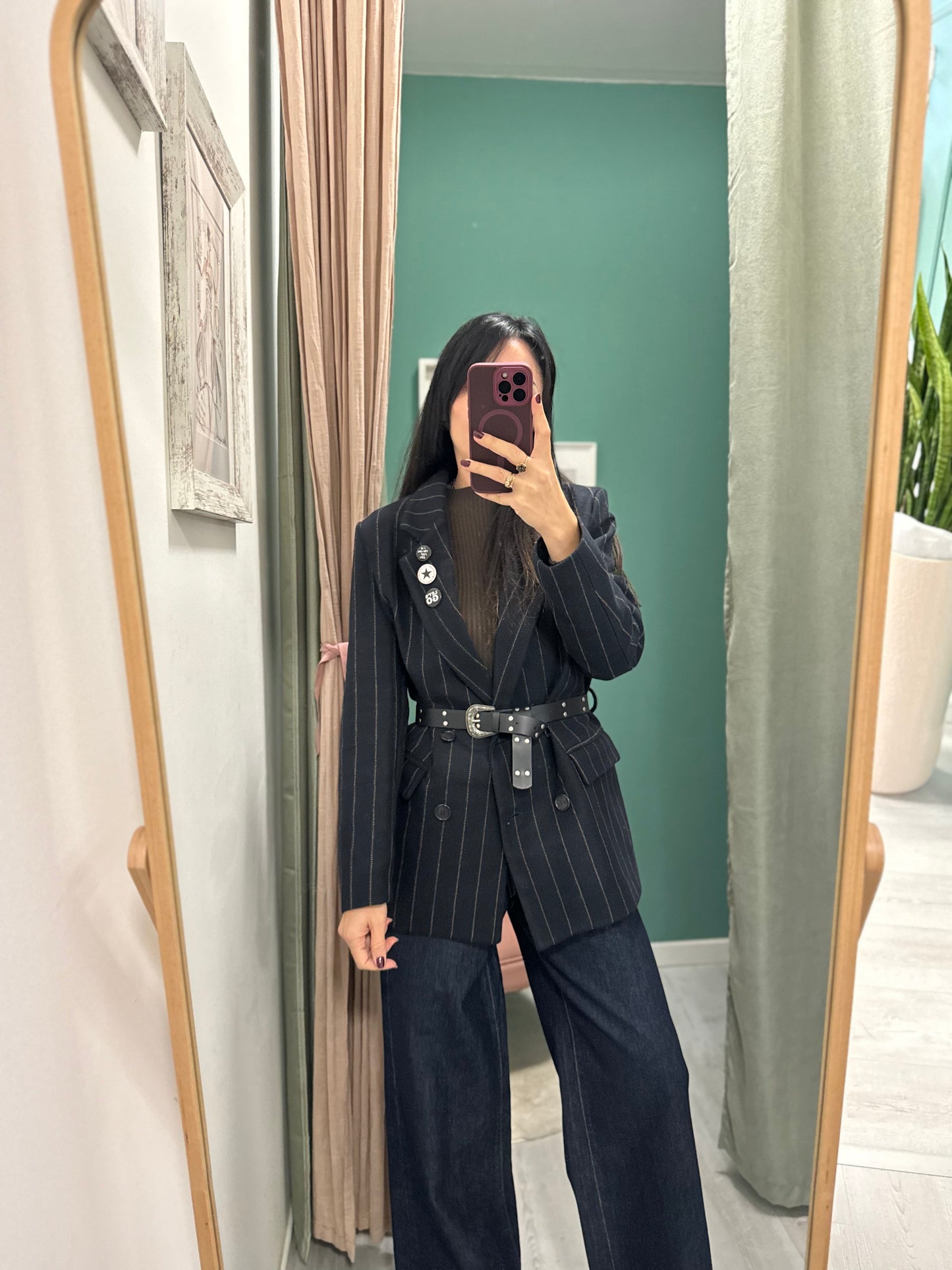 DIXIE - Giacca doppiopetto gessata con cintura