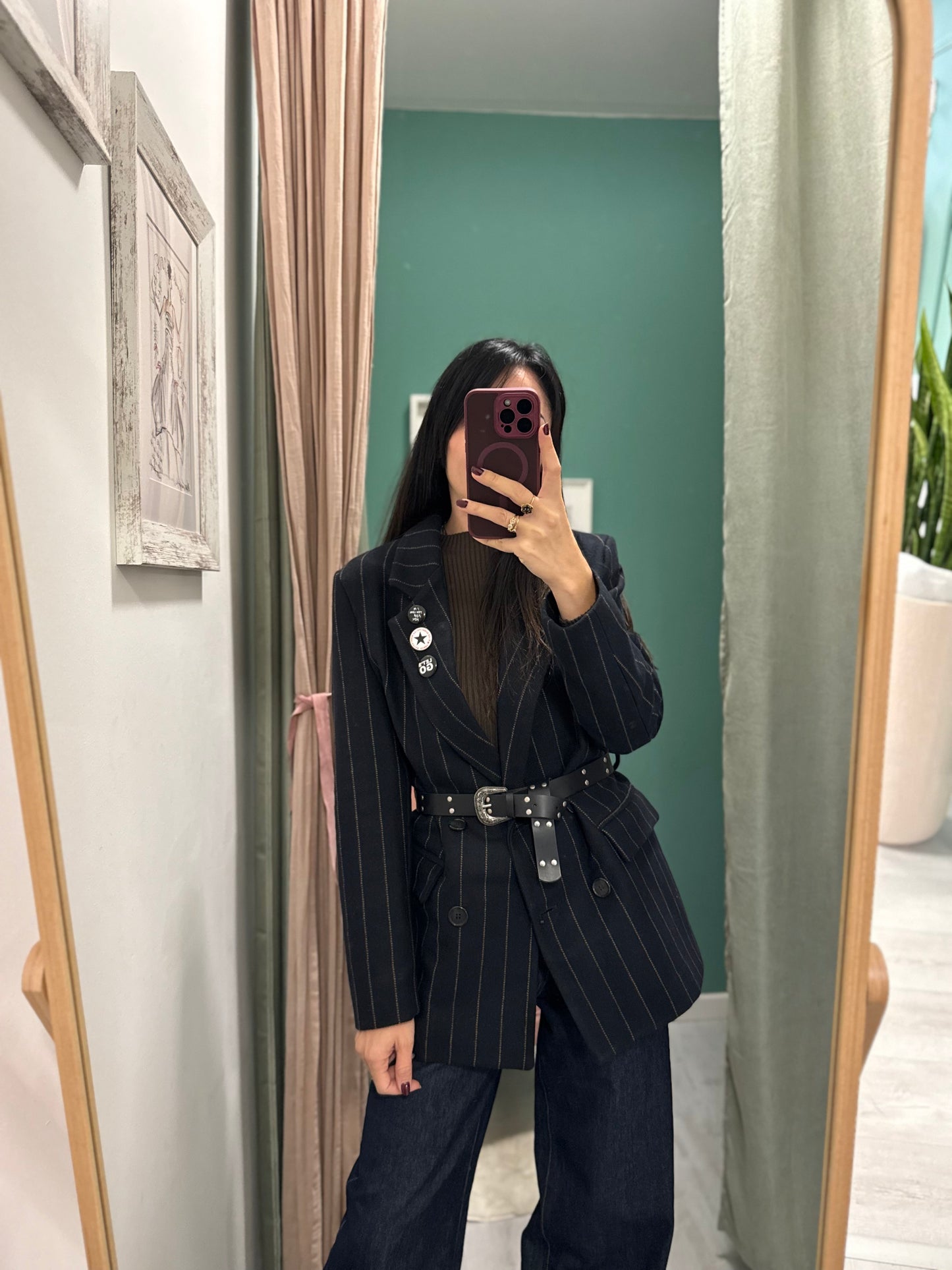 DIXIE - Giacca doppiopetto gessata con cintura