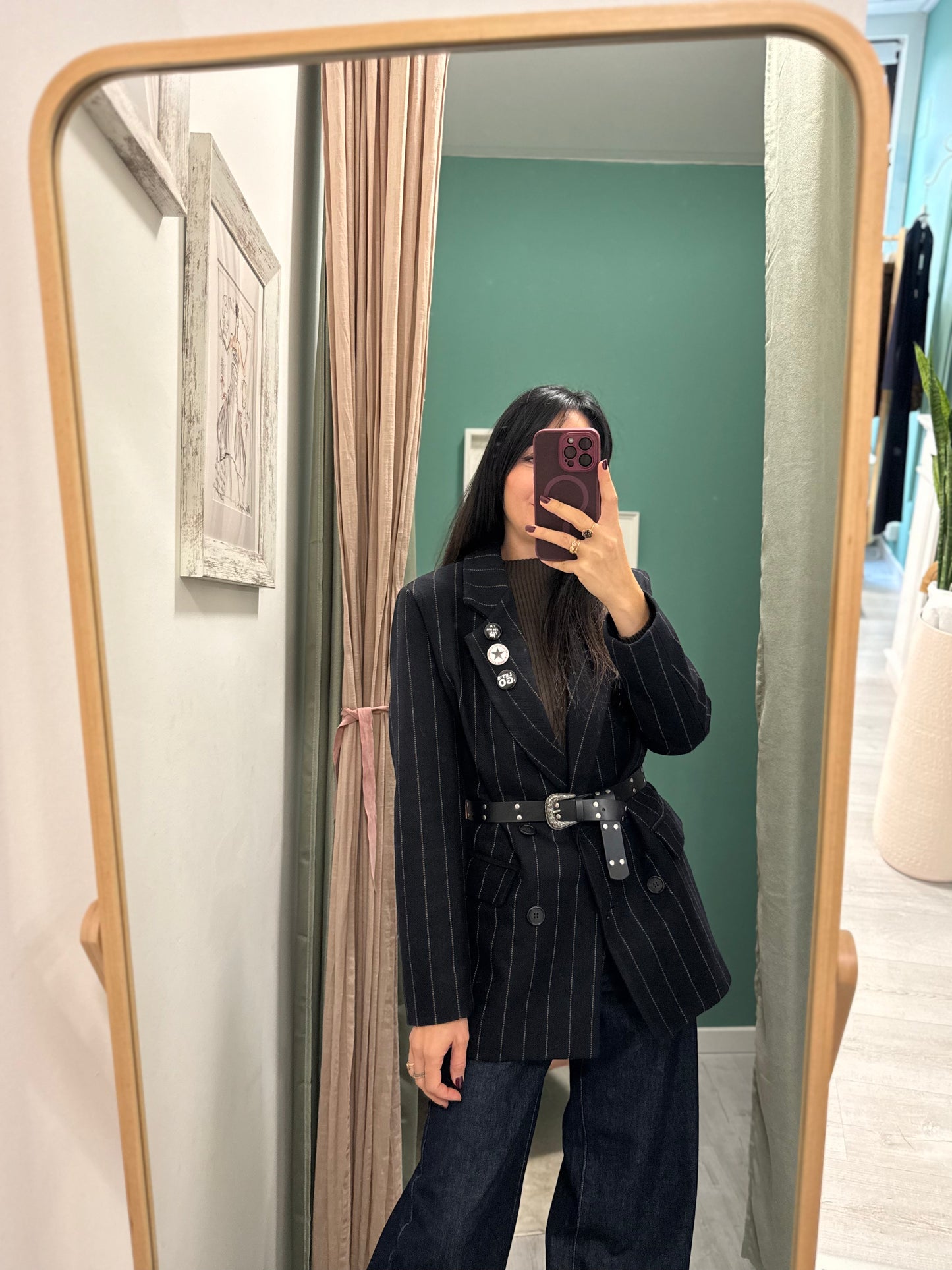 DIXIE - Giacca doppiopetto gessata con cintura