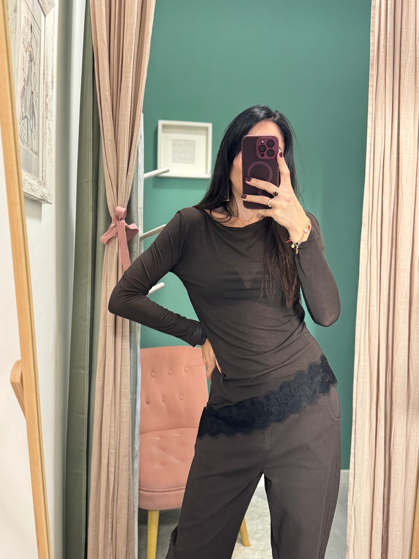 SUSY MIX - Maglia scollo a barca con pizzo